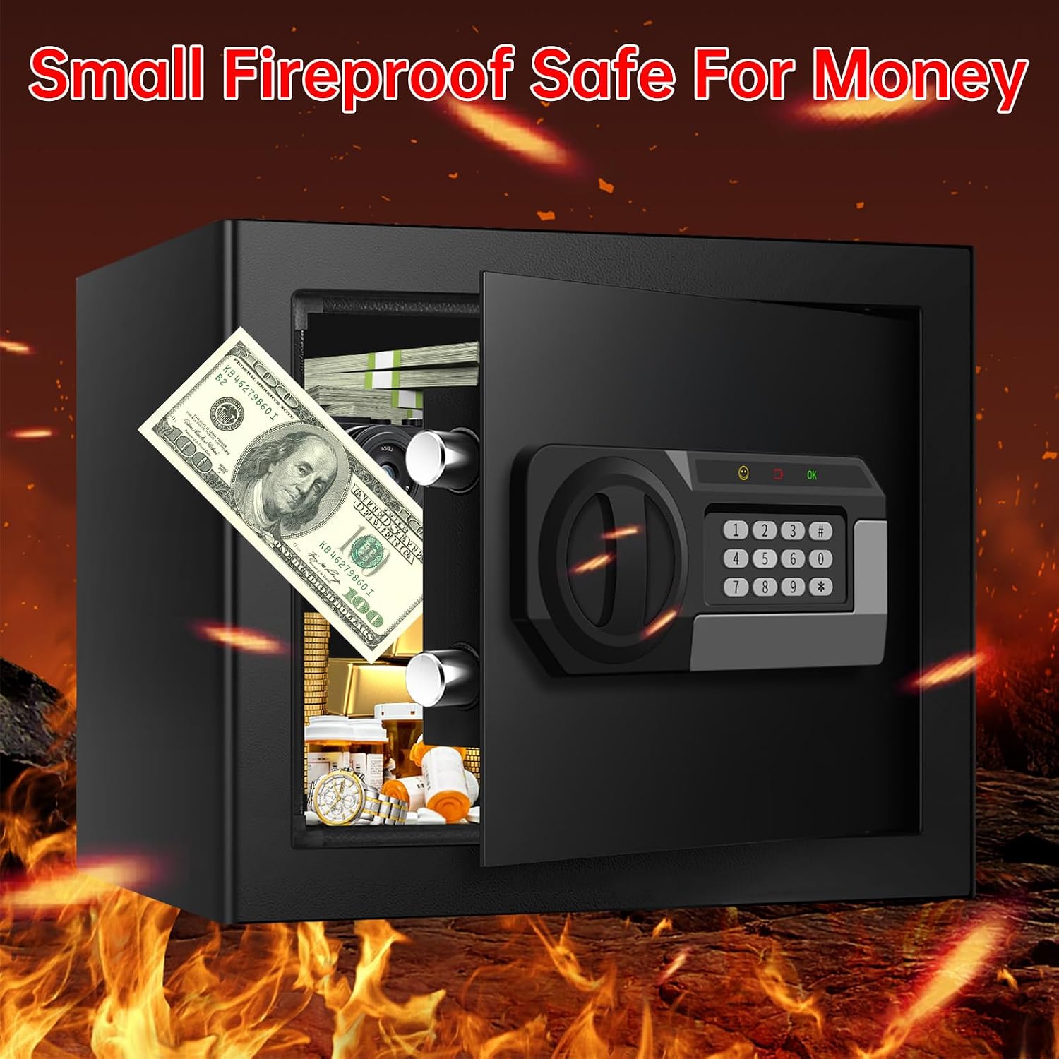 1.8 Cuft Small Fireproof Safe for Home Use, Safe Box Fireproof Waterproof with Programmable Keypad, Spare Keys and