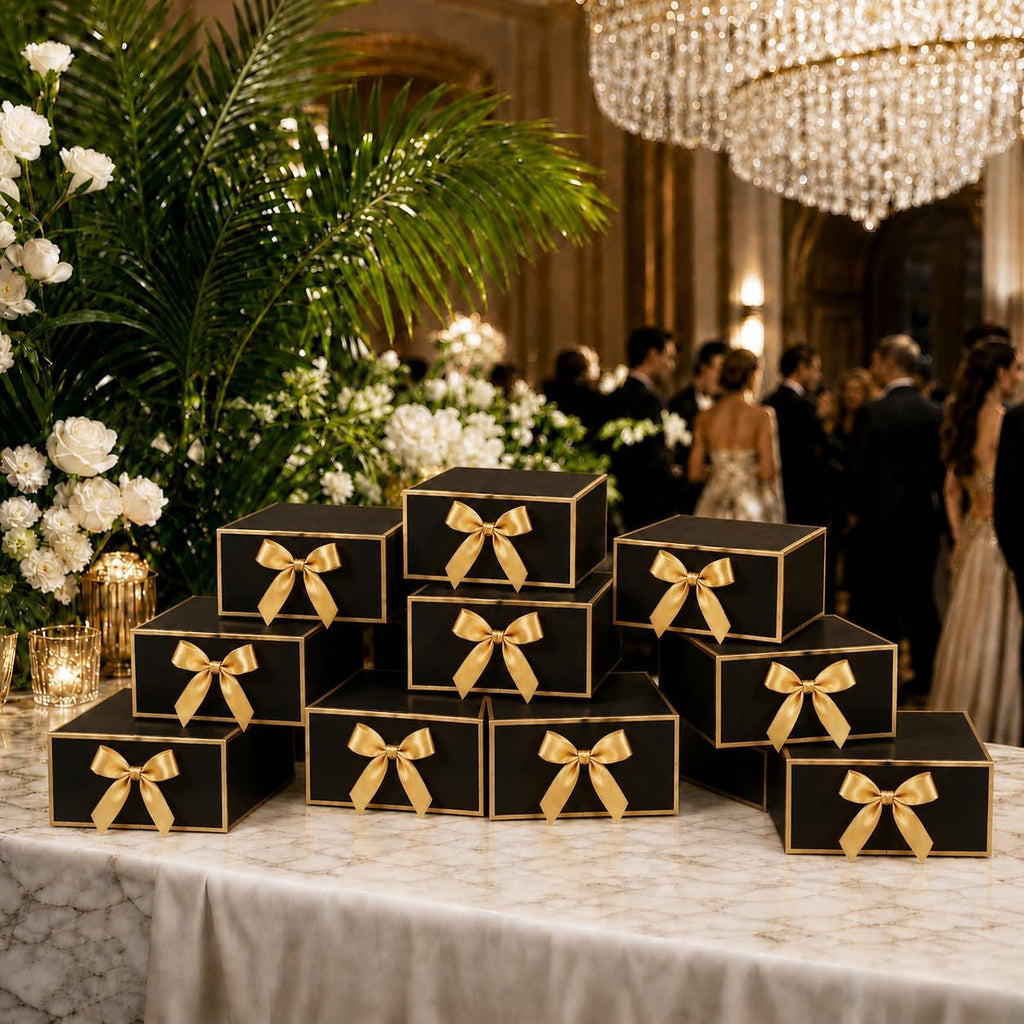 12Pack Small Gift Boxes with Lids, Black Boxes with Gold Ribbon