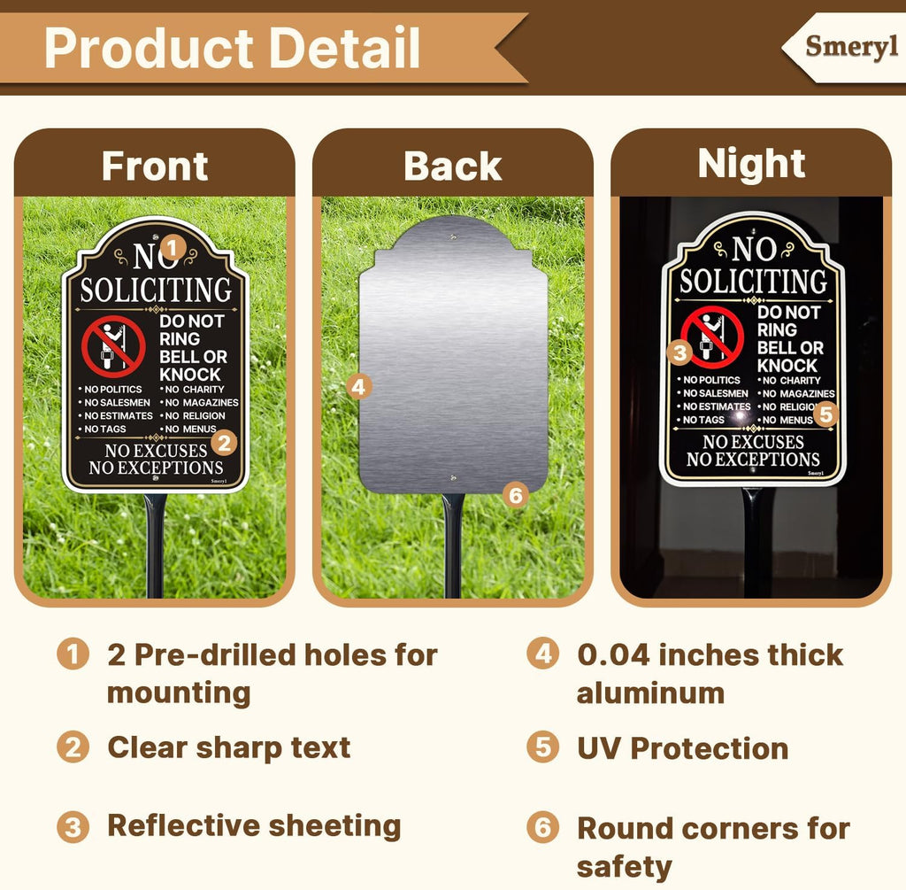 No Soliciting Do Not Ring Bell Or Knock Sign with 34.6" Stake | 12" x 8" No Soliciting Sign for House, Rust-Free