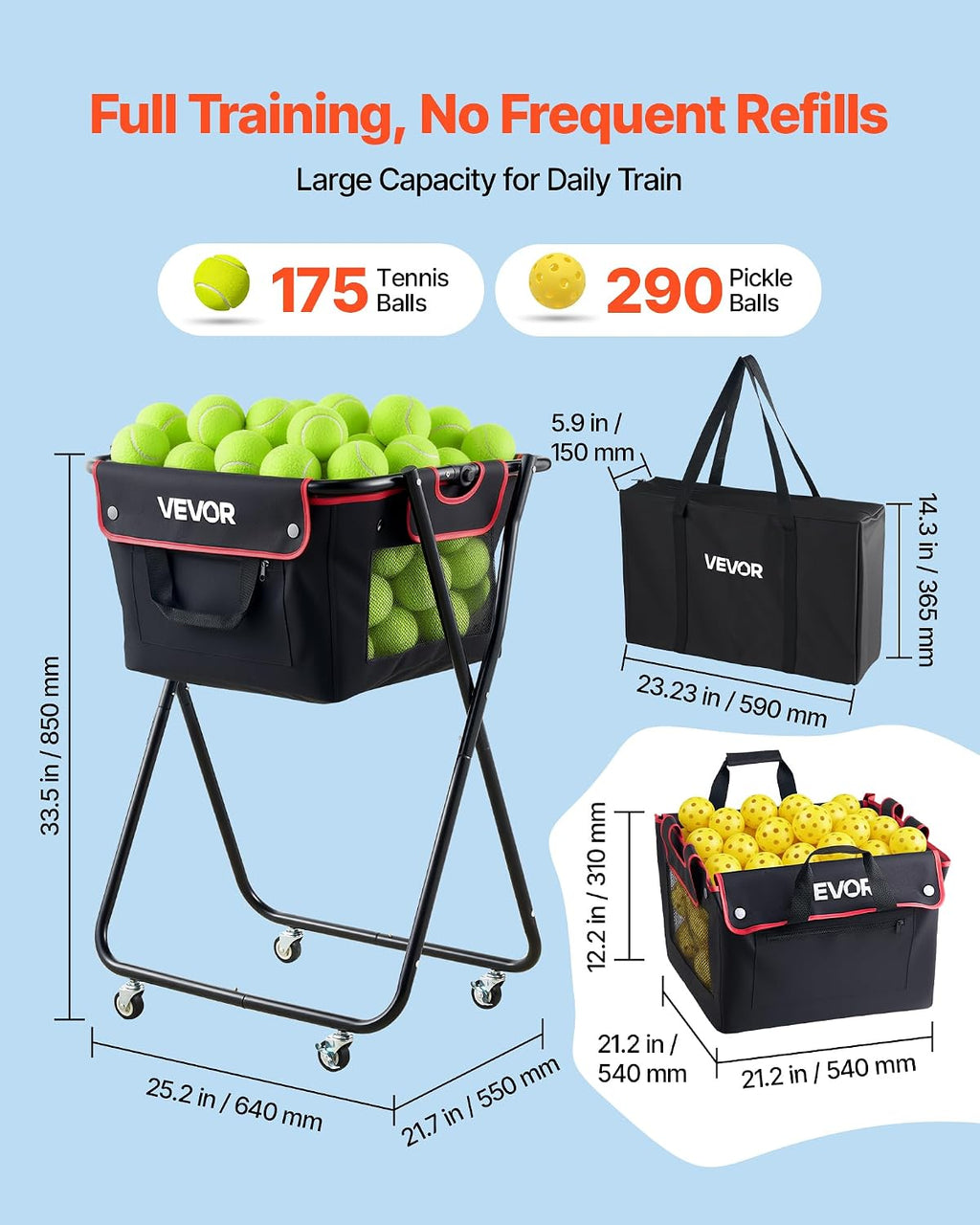 Tennis & Pickleball Hopper Holds 200/175/150/120 Balls, 3-in-1 Tennis Foldable Pickleball Basket Cart for Easy
