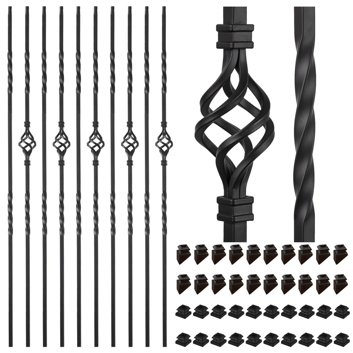 1/2" Square Iron Balusters - Single Basket & Double Twist - 20p
