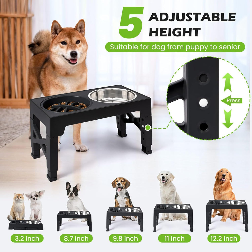 Elevated Dog Bowls - 5 Adjustable Heights Stand, 2 Stainless Steel Bowls & 1 Slow Feeder, 3.2" to 12.2" for Small to