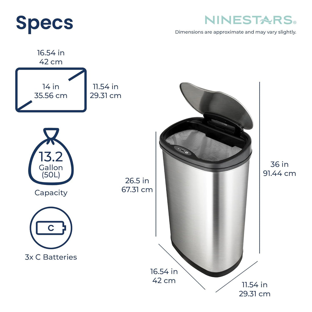 13 Gallon Oval Automatic Trash Can, 50L Touchless Motion Sensor Garbage Can with Odor-Sealing Lid & One-Touch Manual
