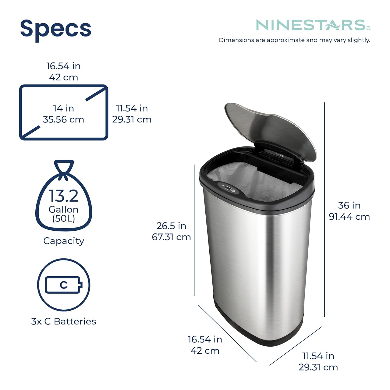 13 Gallon Oval Automatic Trash Can, 50L Touchless Motion Sensor Garbage Can with Odor-Sealing Lid & One-Touch Manual