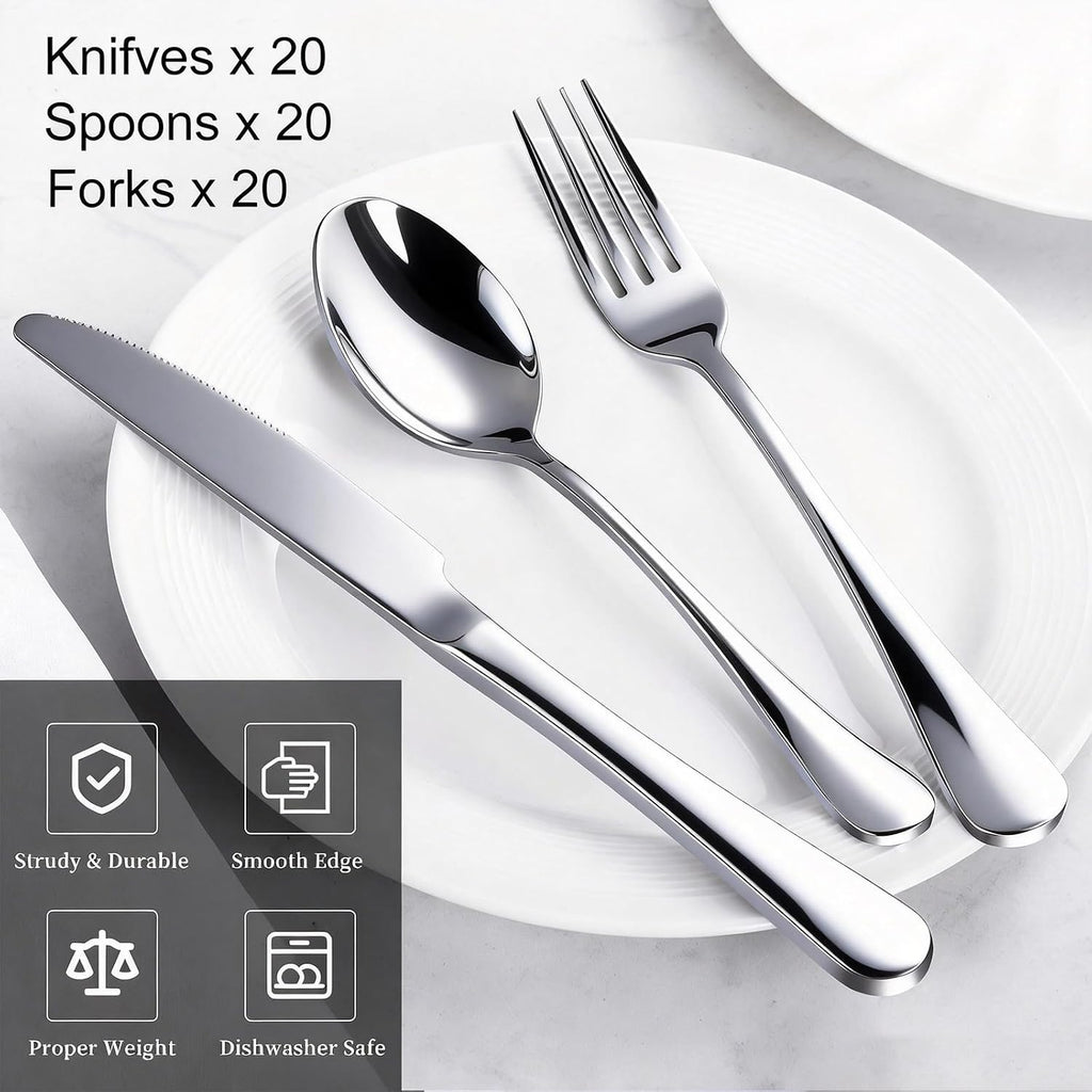 60-Piece Silverware Set for 20 - Stainless Steel Flatware Cutlery Set, Mirror Polished Flatware Set Include Forks