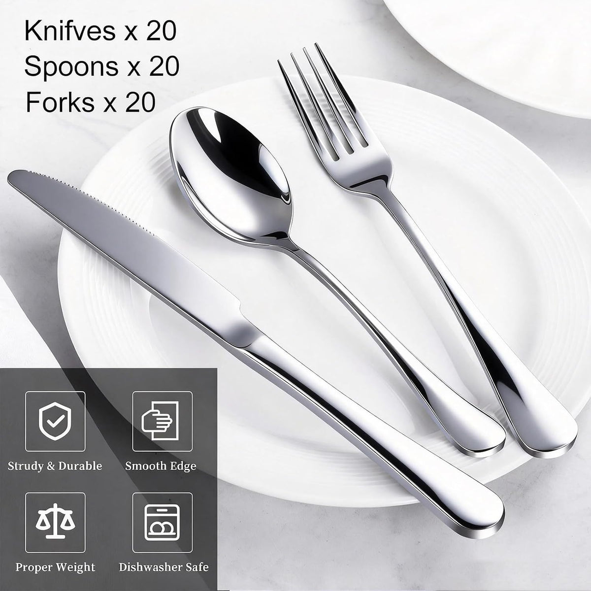 60-Piece Silverware Set for 20 - Stainless Steel Flatware Cutlery Set, Mirror Polished Flatware Set Include Forks