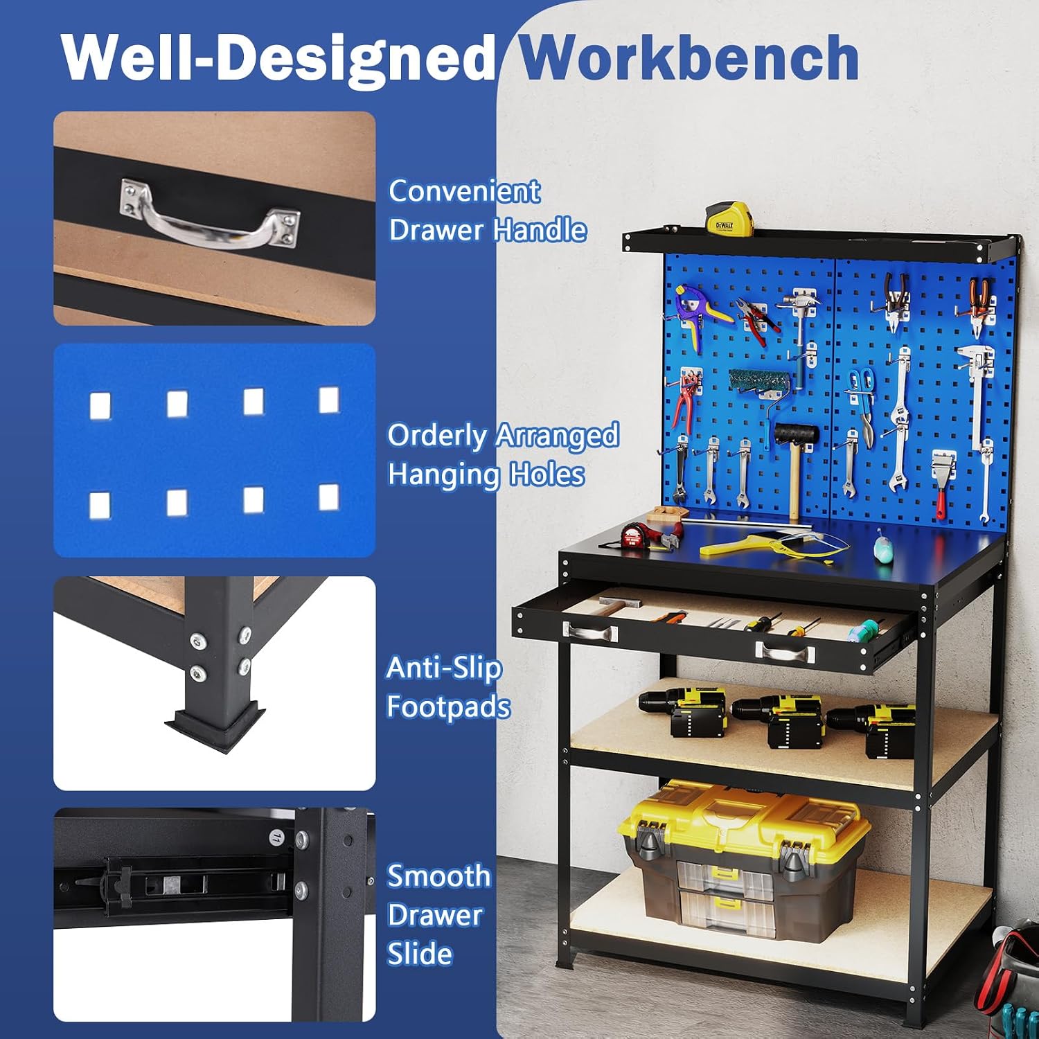Workbench with Drawer, 32" x 16" Heavy-Duty Work Table with 2 PCS Pegboard & 4 Shelves, 19 Hanging Hooks, 495LBS