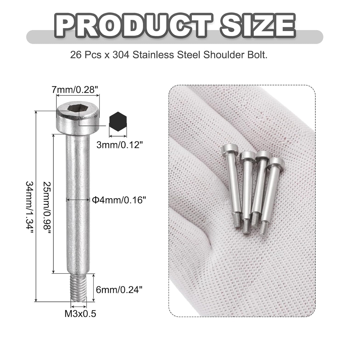 MECCANIXITY 26Pcs 304 Stainless Steel Shoulder Bolt 4mm Dia 25mm L M3x0.5