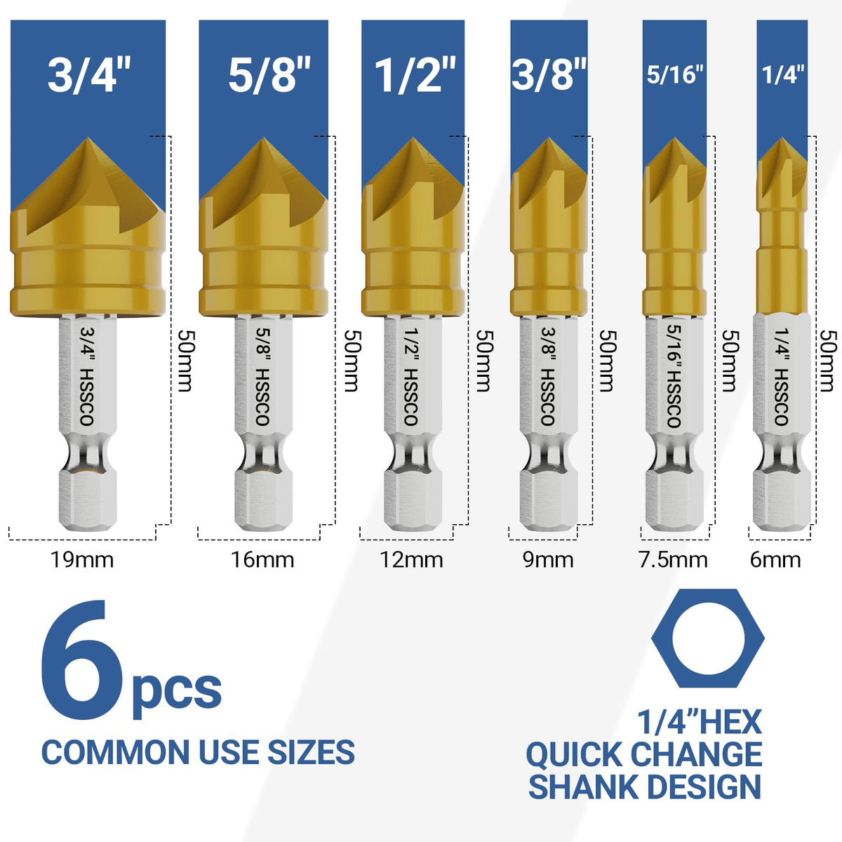6 Pieces Countersink Drill Bit Set, M35 Cobalt HSS Countersink Drill Bits