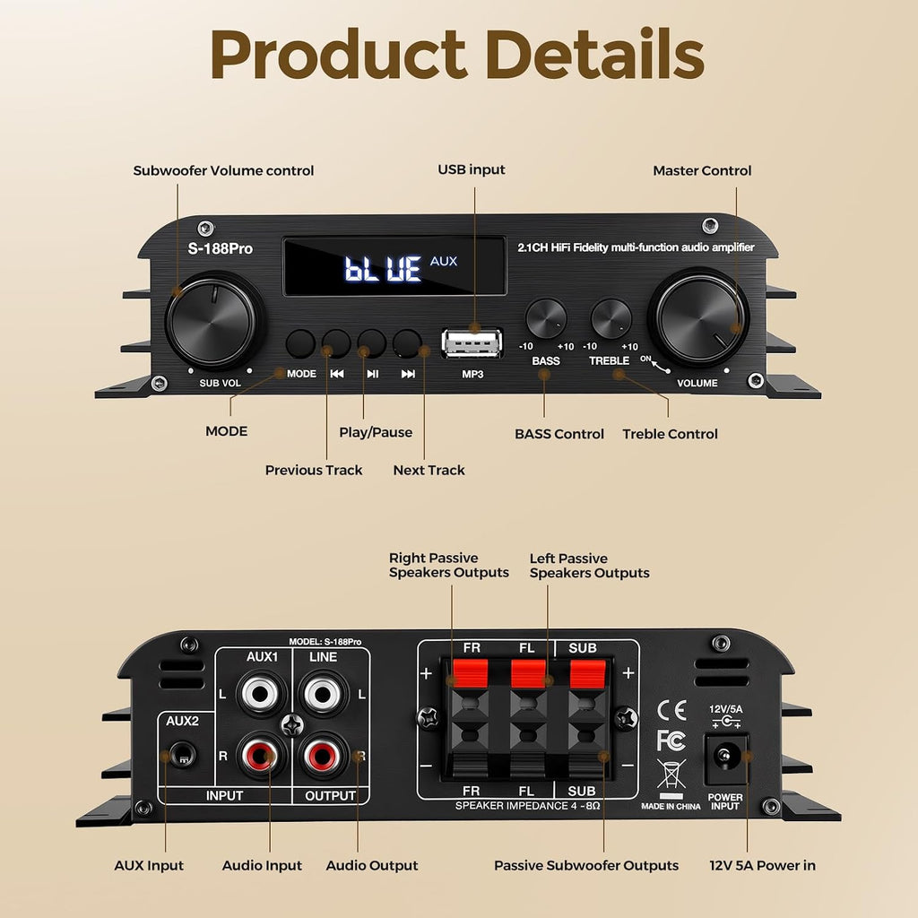 2.1 Channel Stereo Audio Amplifier, 300Wx2+360W Home Audio Stereo Receiver Bluetooth 5.0 with USB/AUX, Remote, Bass