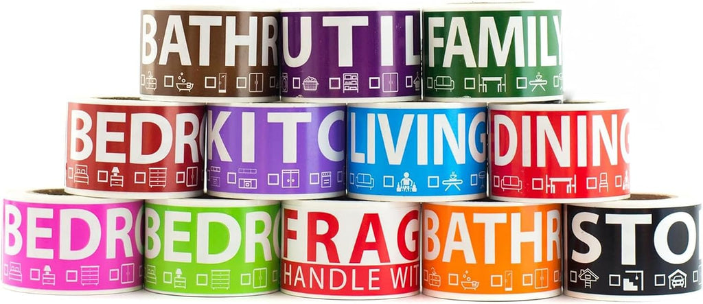 600 Home Moving Labels for 3 Bedroom House — 12 Color-Coded Room Labels (50 Each) + Fragile Stickers for Moving
