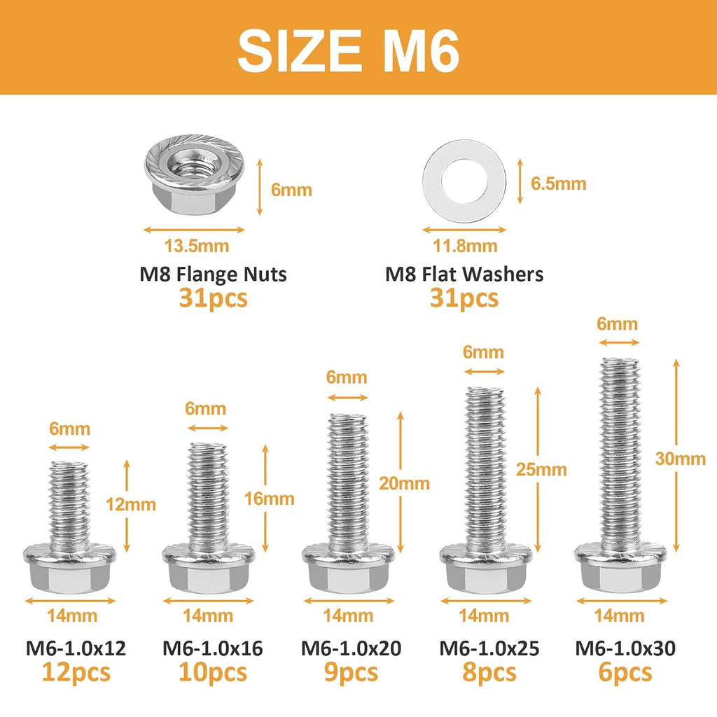 VIGURE 135PCS M6-1.0 Flange Hex Screws Serrated Flange Bolt Nuts Washers