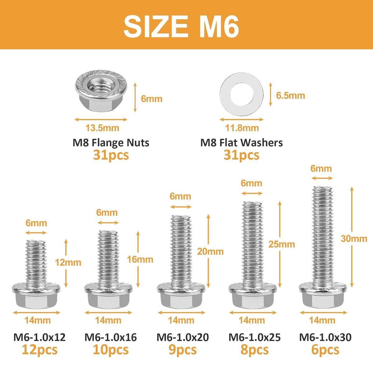 VIGURE 135PCS M6-1.0 Flange Hex Screws Serrated Flange Bolt Nuts Washers