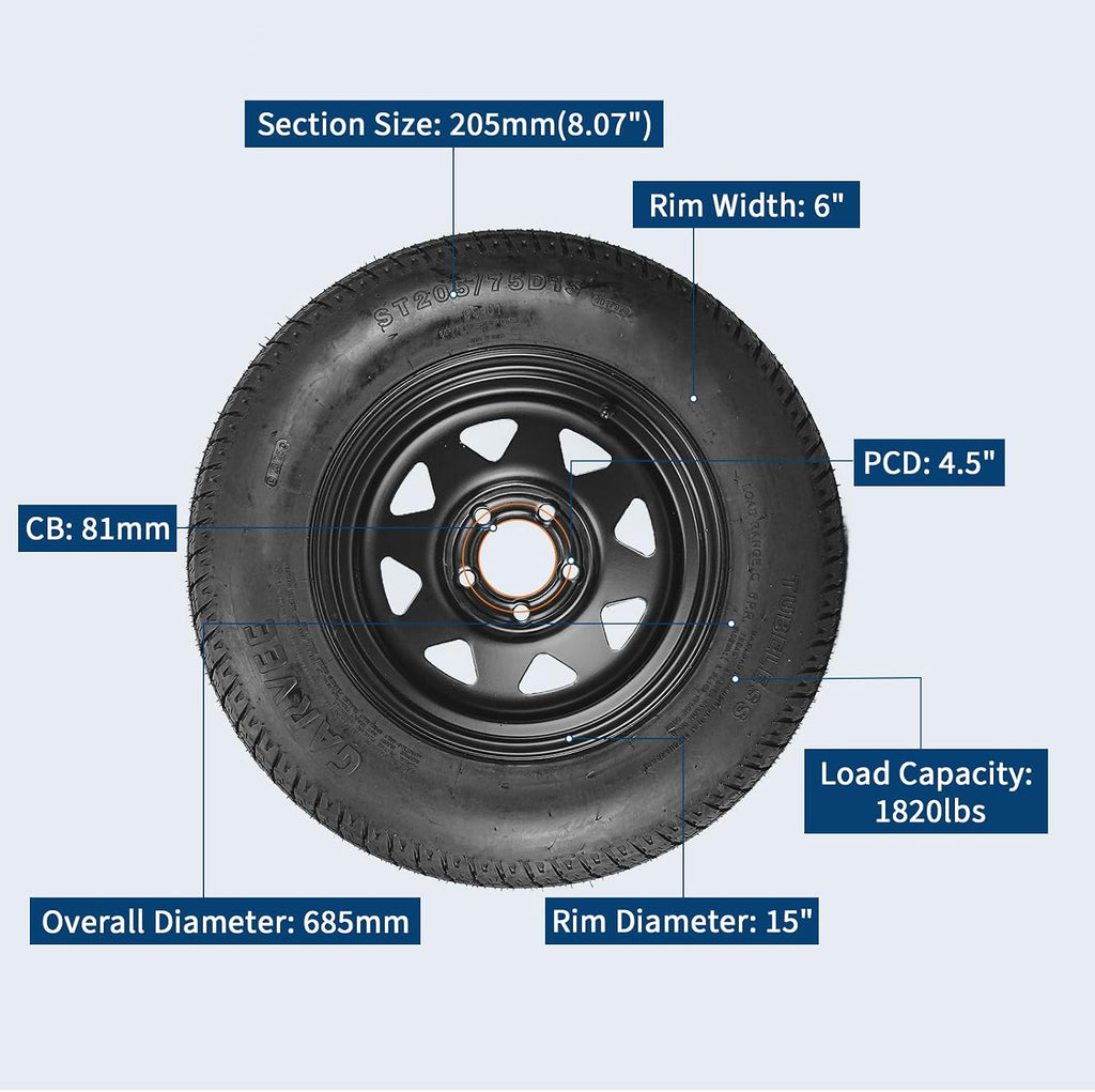2-Pack Trailer Tire On Rim ST205/75D15 Trailer Tires and Wheels 5 Lug on 4.5 in PCD Trailer Tires with 15 in Rims