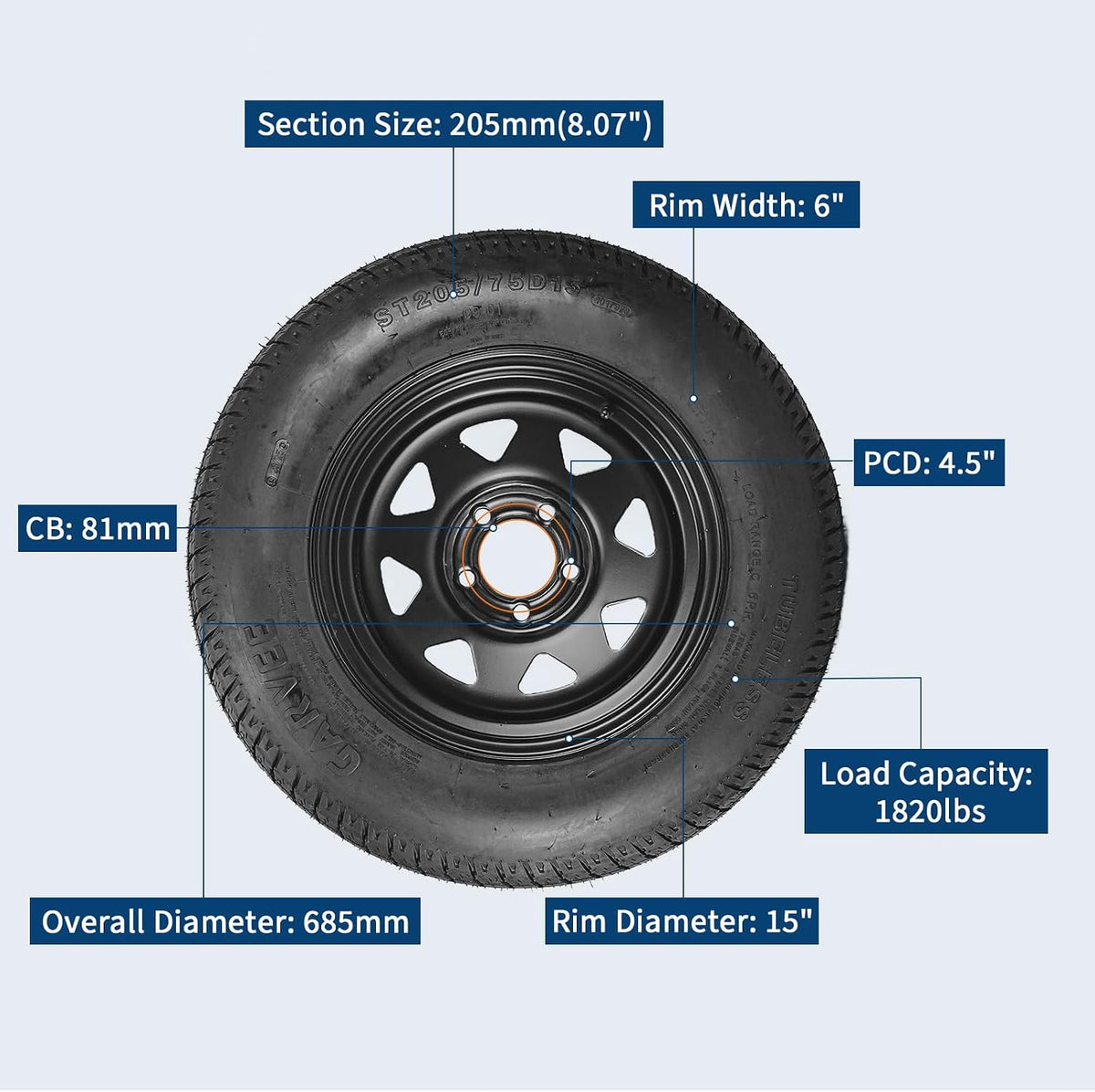2-Pack Trailer Tire On Rim ST205/75D15 Trailer Tires and Wheels 5 Lug on 4.5 in PCD Trailer Tires with 15 in Rims