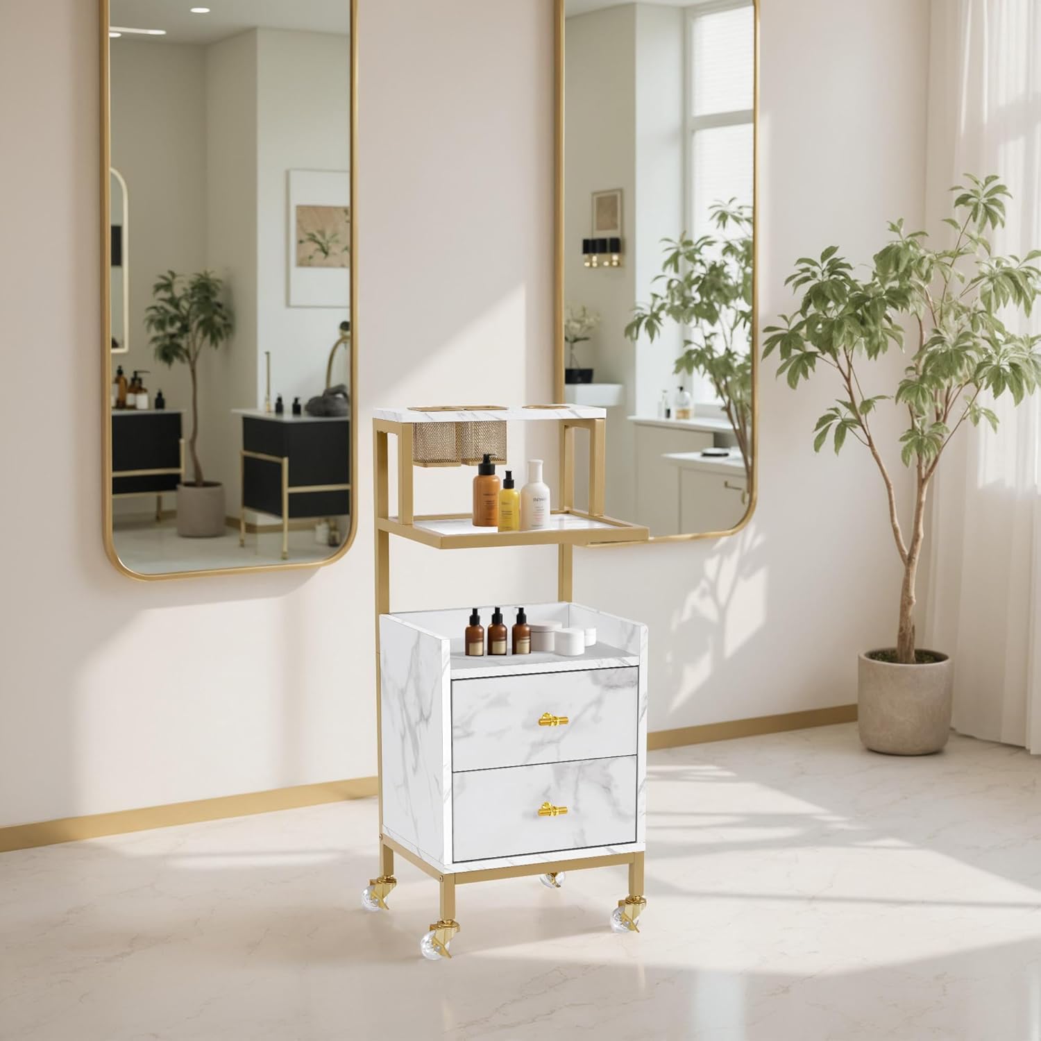 Salon Cart with Drawers, Barber Trolley 2084 (White Medium) | Rolling Salon Cart with Storage Drawers&Metal Tool