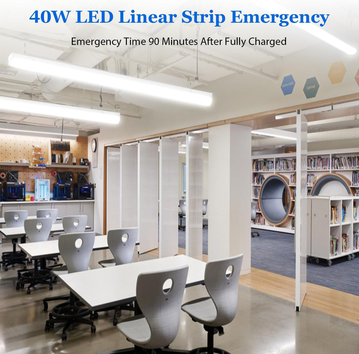 dephen 4FT LED Shop Light with Emergency, Hardwired Ceiling Lighting