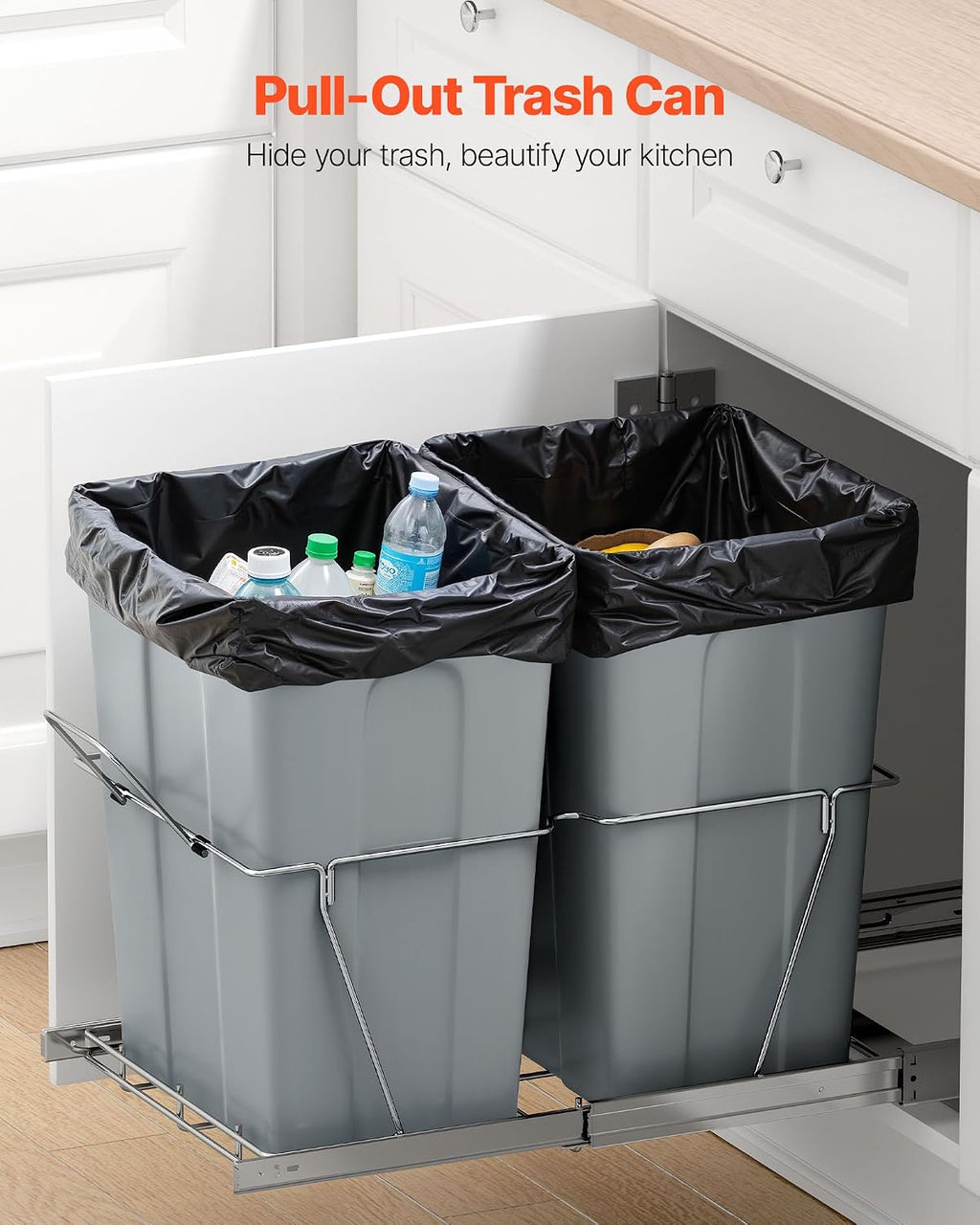 Pullout Trash Can for Kitchen Cabinets, 35 QT x2 Double Under Sink Garbage Waste Recycling Bin, Under Mount Waste