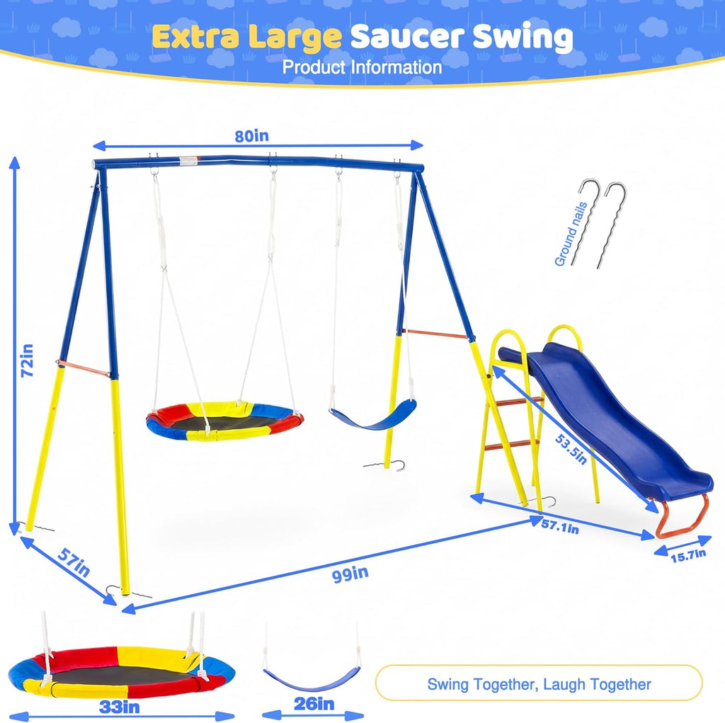 Swing Set for Backyard, 3 in 1 Metal A-Frame Swing Set with Slide, Saucer Swing & Belt Swing for Kids, Outdoor