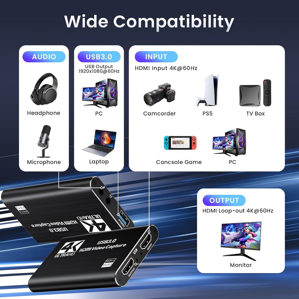 USB 3.0 HDMI Capture Card, 2K30 FPS Capture with 4K Pass-Through | 2K30FPS/1080P60 capture & streaming with ultra-low