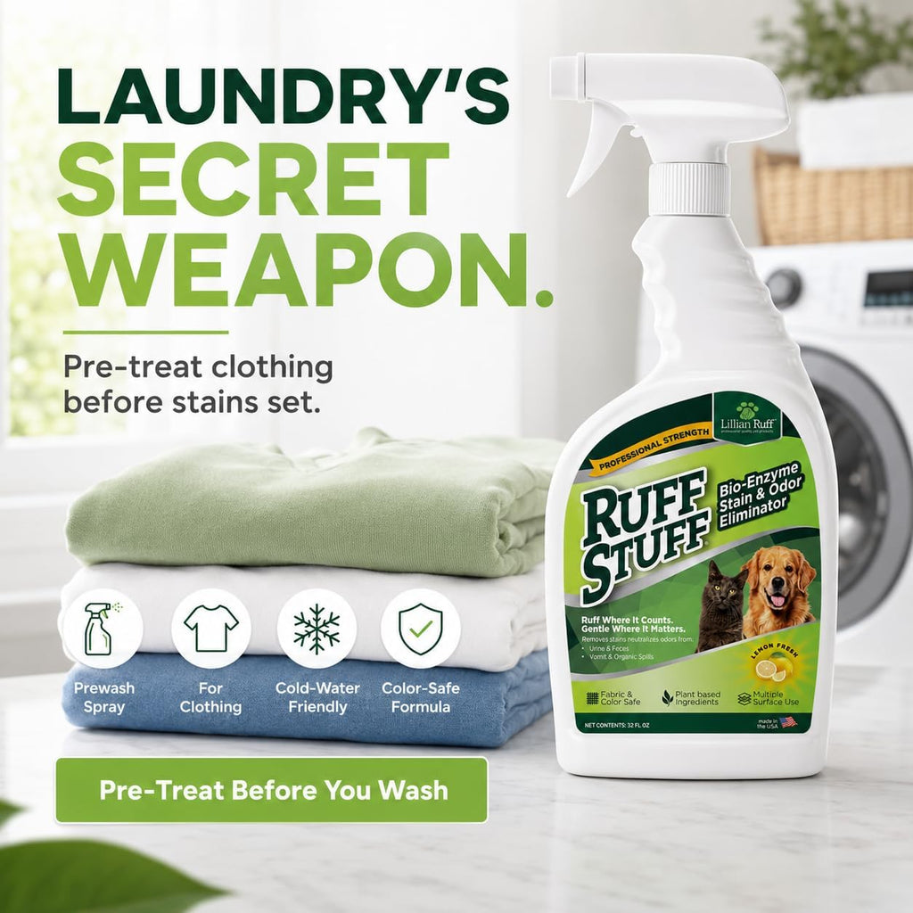 RUFF STUFF Max-Strength Bioenzyme Cleaner, Pet Stain & Odor Eliminator, Laundry Stain Remover Spray for Clothes, Dog