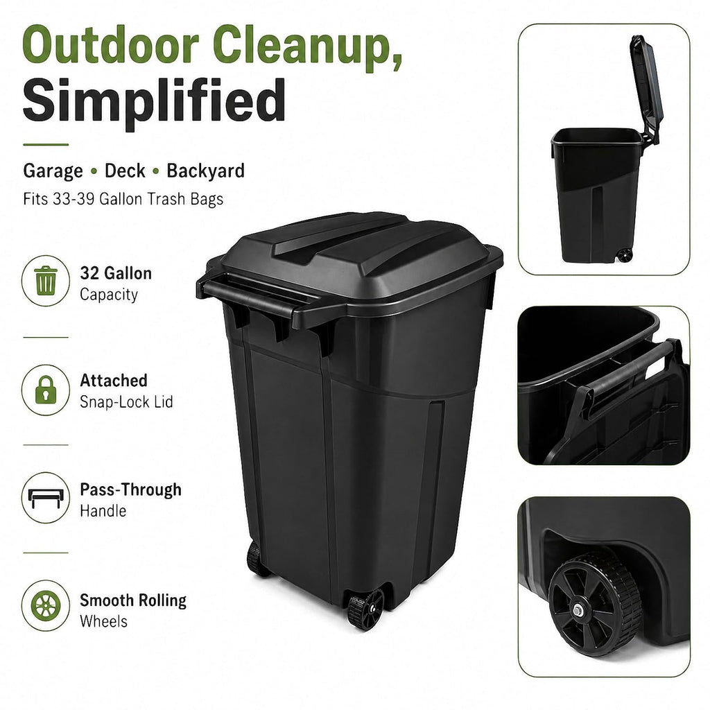 32 Gallon Wheeled Outdoor Trash Can Heavy Duty Garbage Bin with Lid | Secure snap lock lid and rugged wheels for