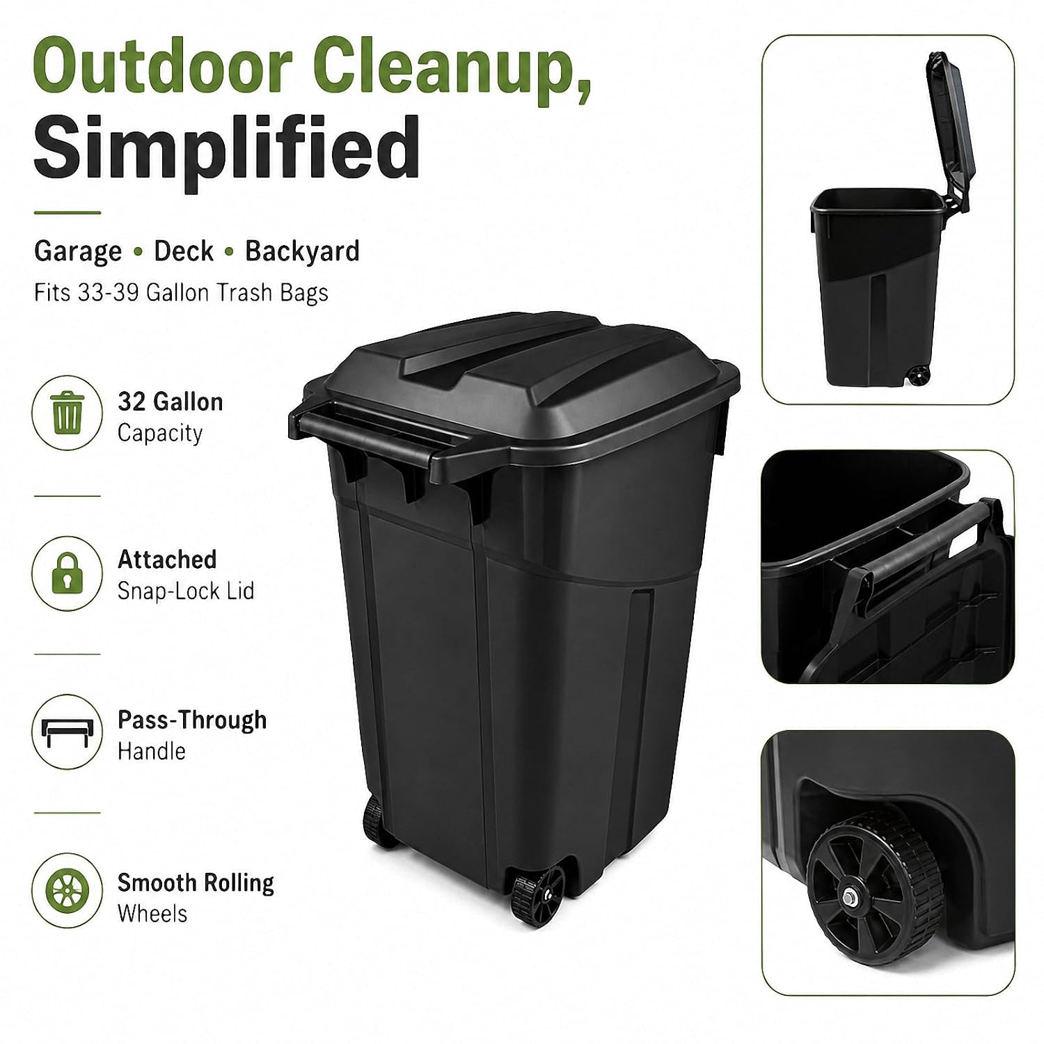 32 Gallon Wheeled Outdoor Trash Can Heavy Duty Garbage Bin with Lid | Secure snap lock lid and rugged wheels for