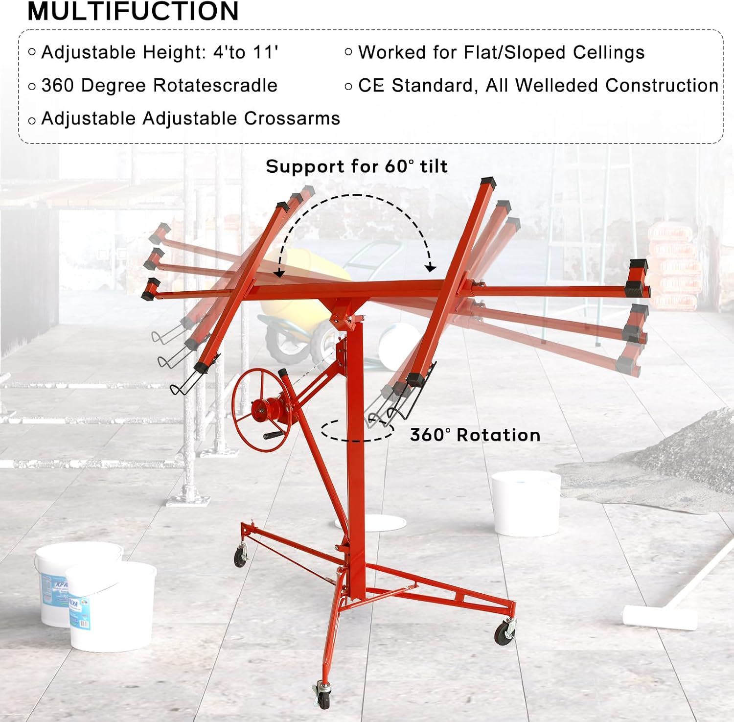 11FT Drywall Lift Panel Hoist Dry Wall Rolling Caster Lifter Lifter Construction Tool Adjustable Telescopic Arm 150LB