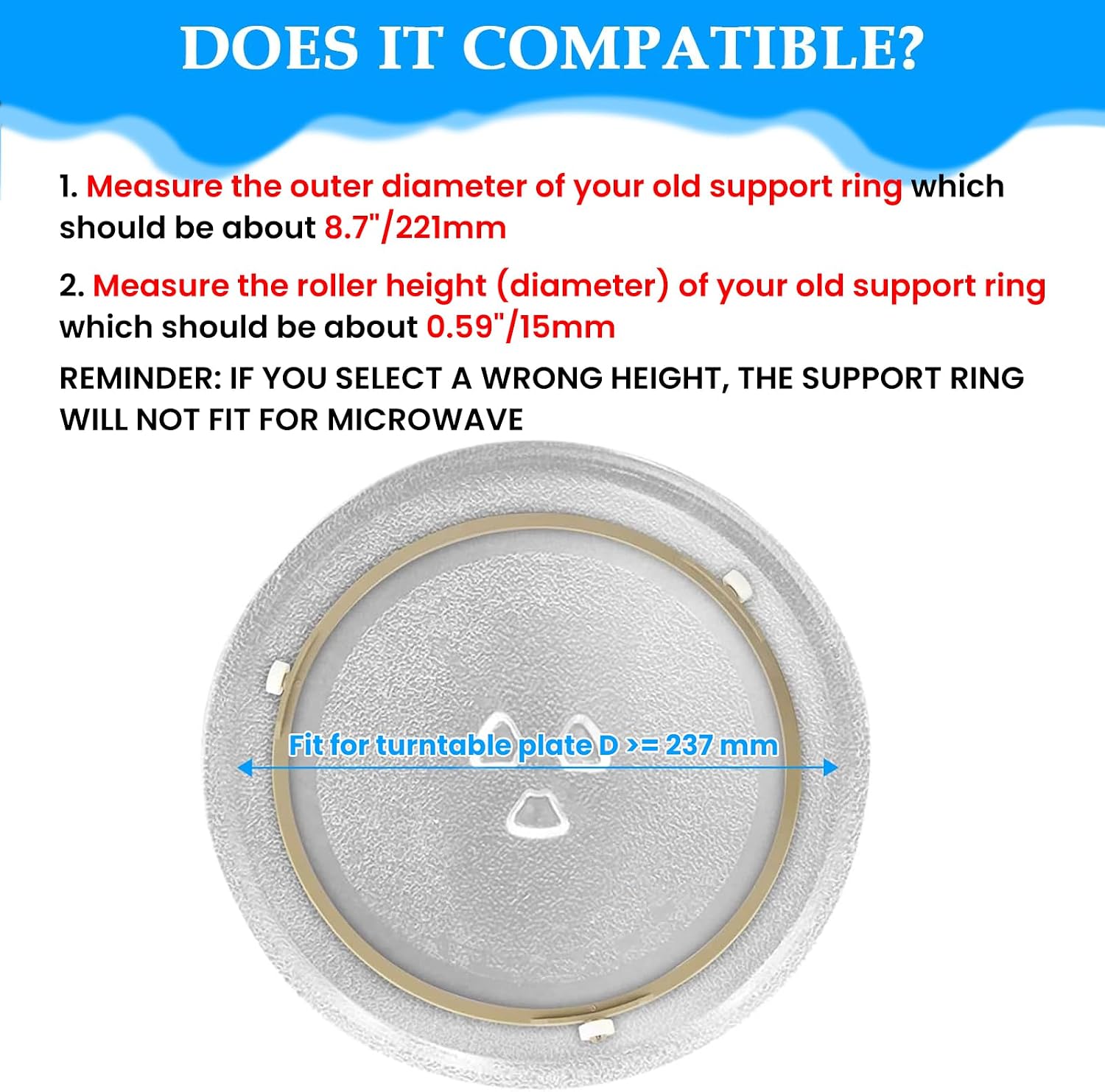 8.7" Microwave Turntable Ring with 15mm Rollers | Ring Outer Diamater 8.7" / 221mm, Rollers Height 15mm, 1 Pack
