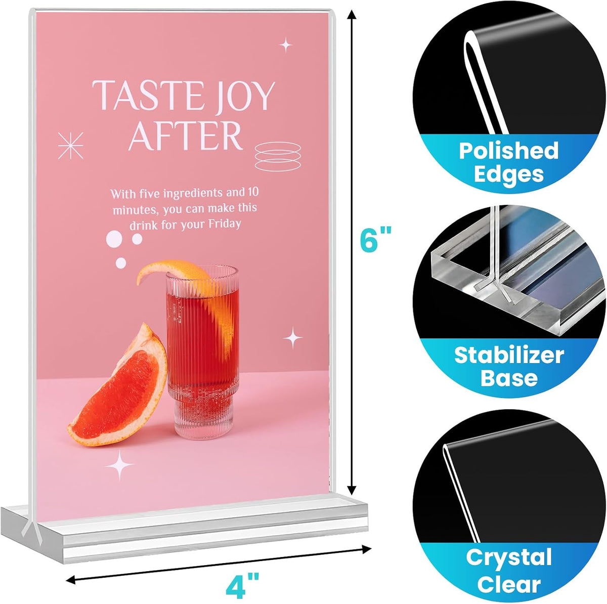 Acrylic Sign Holder 4x6, 15 Pack Clear Double Sided Menu Vertical Display Stand, Desktop Paper Holder Suitable for