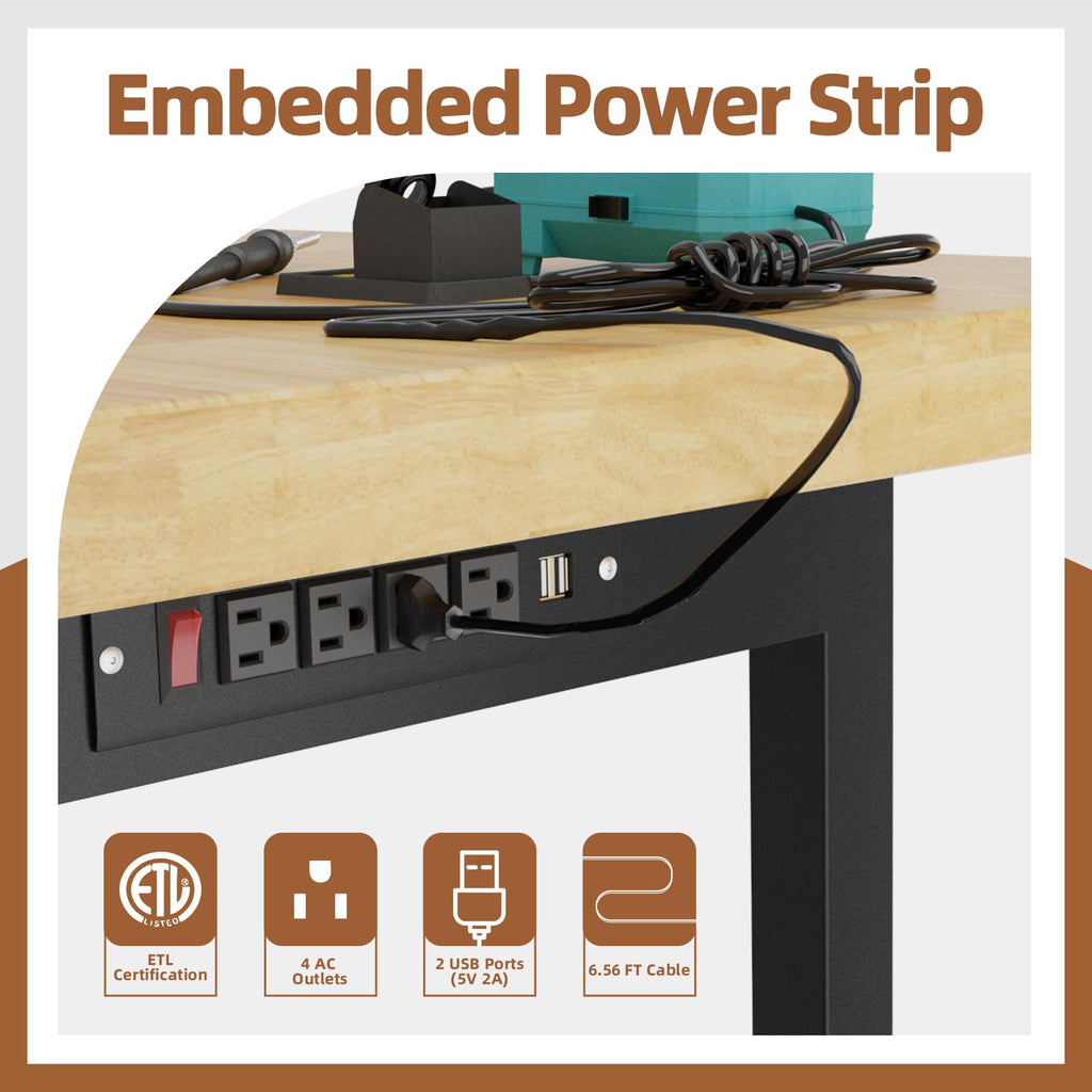 60" Adjustable Workbench with Wheels and Drawer, Solid Wood Rolling Work Bench Table with Power Outlet, Metal Tool