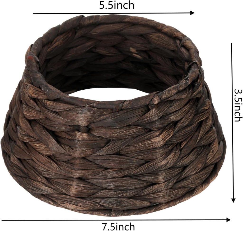 7.5-Inch Mini Christmas Tree Collar, Handcrafted Woven Hyacinth Holiday Rattan Tree Skirt Accessory-Brown