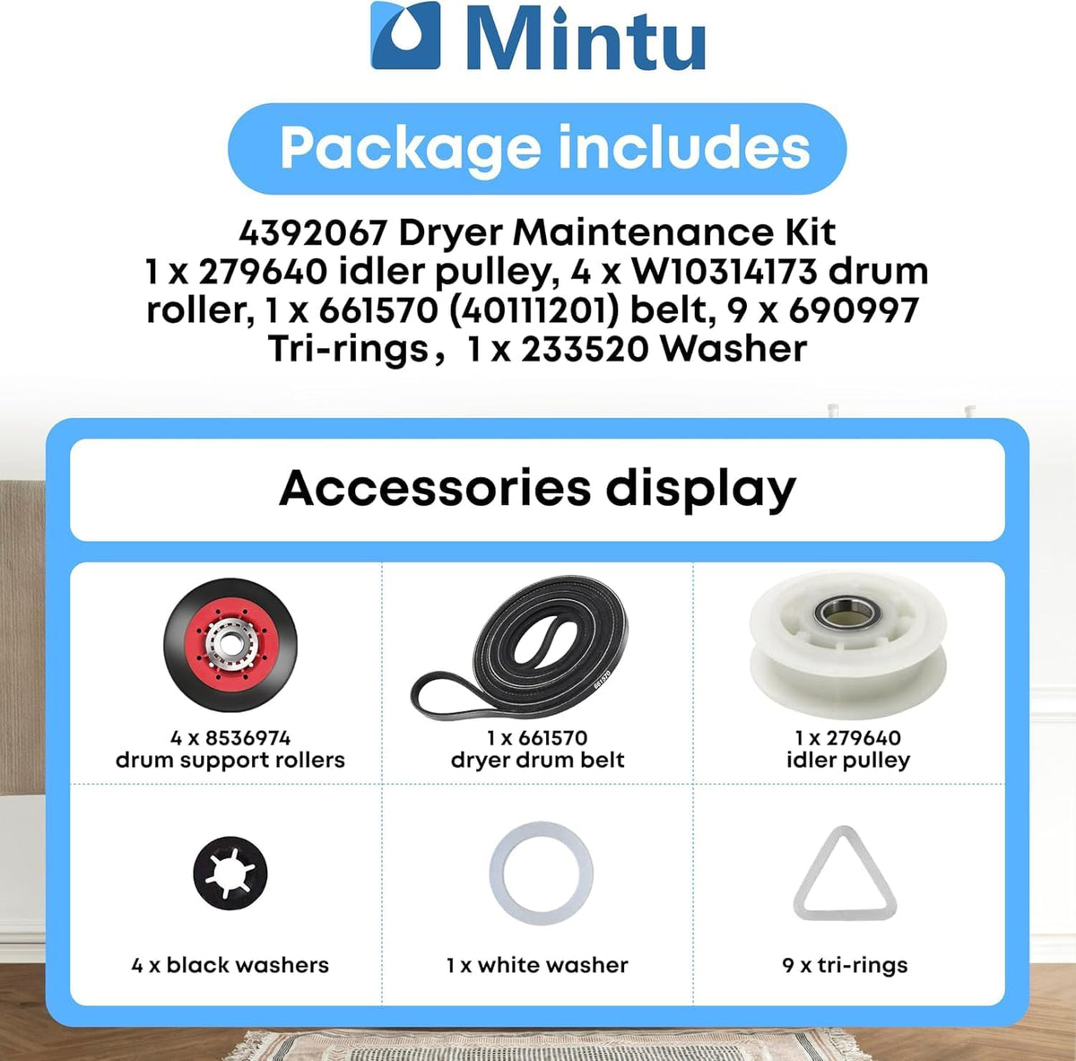 Dryer Repair Kit Replacement For Kenmore 110.85091401 Elite Front Loader Dryer, Kenmore 90 Series - 110.60922990 11060922990 With Roller, Belt & Pulley Etc
