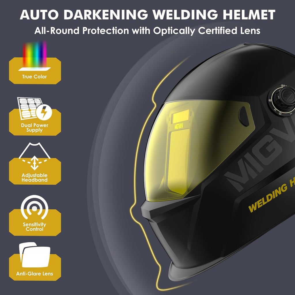 Welding Helmet Auto Darkening True Color Large Viewing, Welding Hood Solar/Replaceable Battery Powered, Wide Shade
