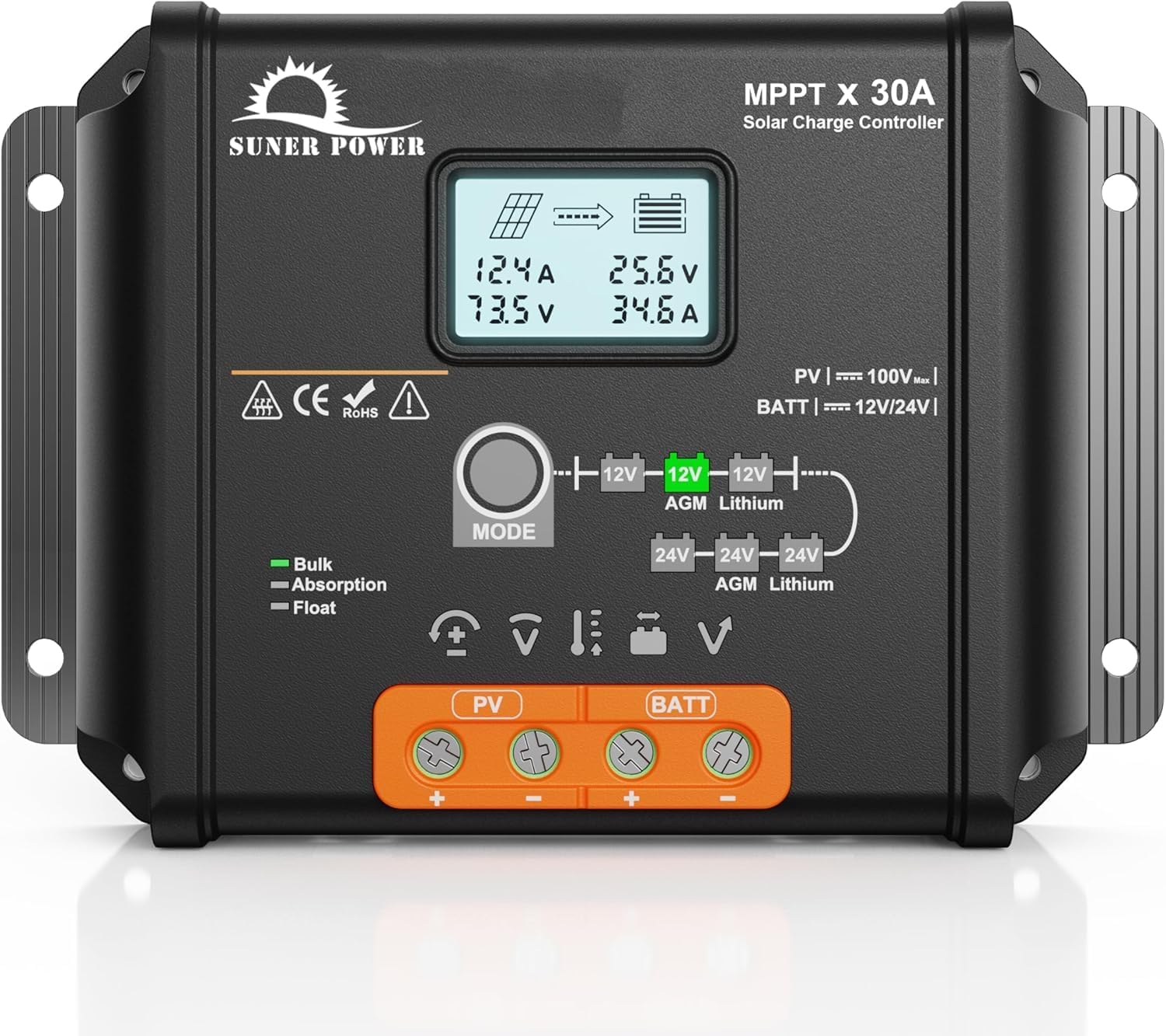 30 Amp 12V 24V MPPT Solar Charge Controller, LCD Display, 30A Solar Panel Charging Regulator with Temp Sensor for