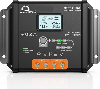 30 Amp 12V 24V MPPT Solar Charge Controller, LCD Display, 30A Solar Panel Charging Regulator with Temp Sensor for