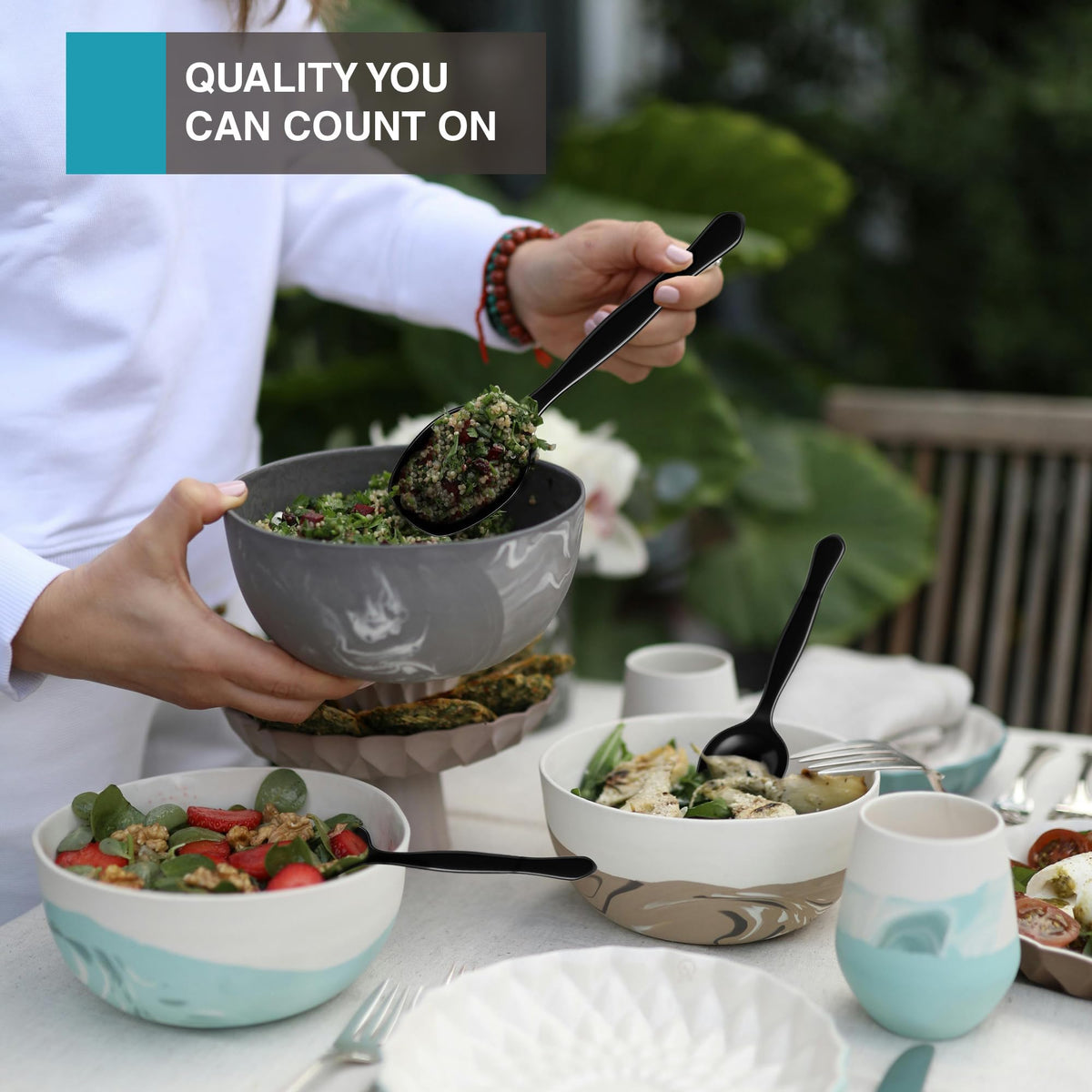 8.5" Black Plastic Serving Spoons for Buffet, Bulk 36 Count, Heavy Duty Disposable Spoon, Large Plastic Serving