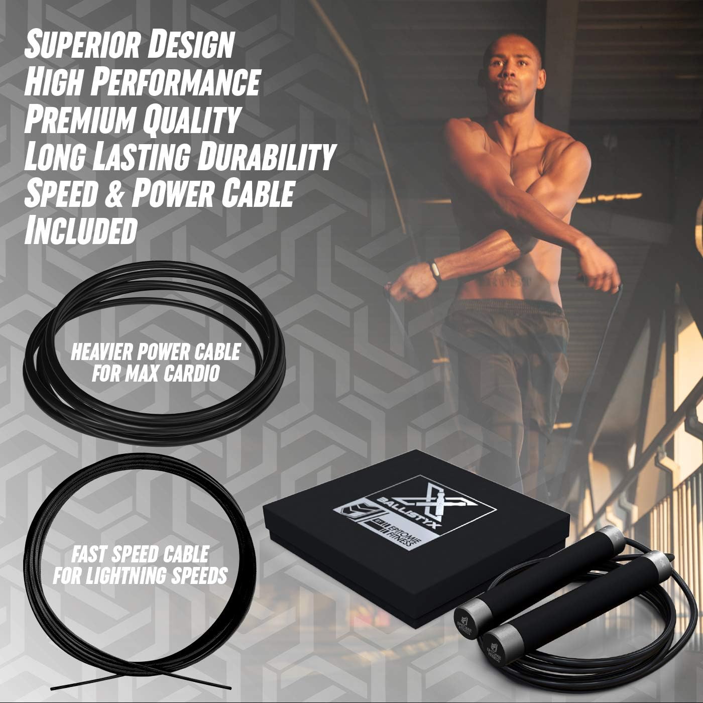 Ballistyx Jump Rope - Premium Speed Jump Rope with 360 Degree Spin, Steel Handles, Silicone Grips and 2 x Adjustable