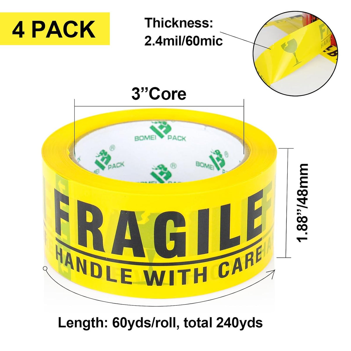 Fragile Tape 2 Inch x 180 Feet (60 Yards) 4 Rolls, Yellow Fragiles Tape Handle with Care for Shipping with Dispenser