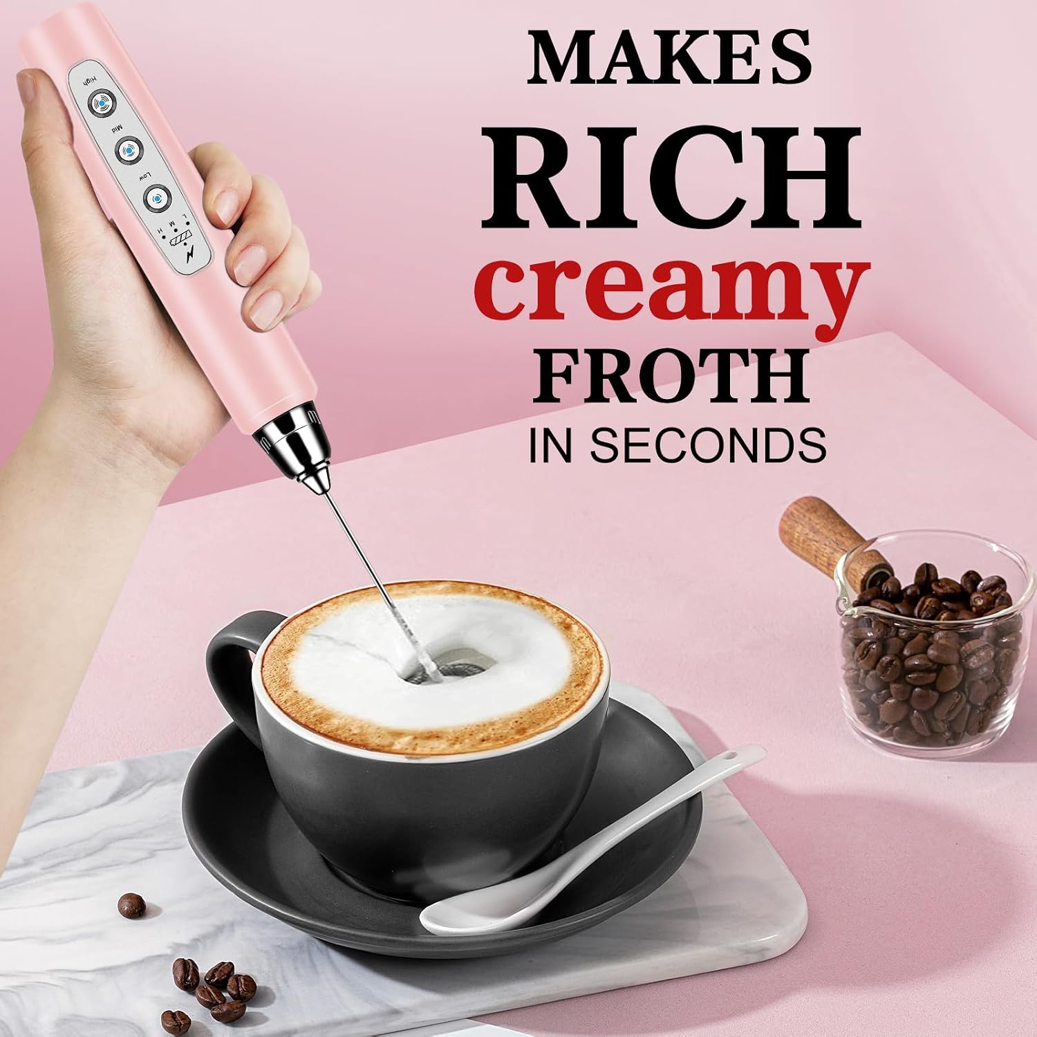 Milk Frother Wand Rechargeable Handheld Whisk Coffee 3 Speed Adjustable | Electric Whisk Drink Mixer with Stainless 3