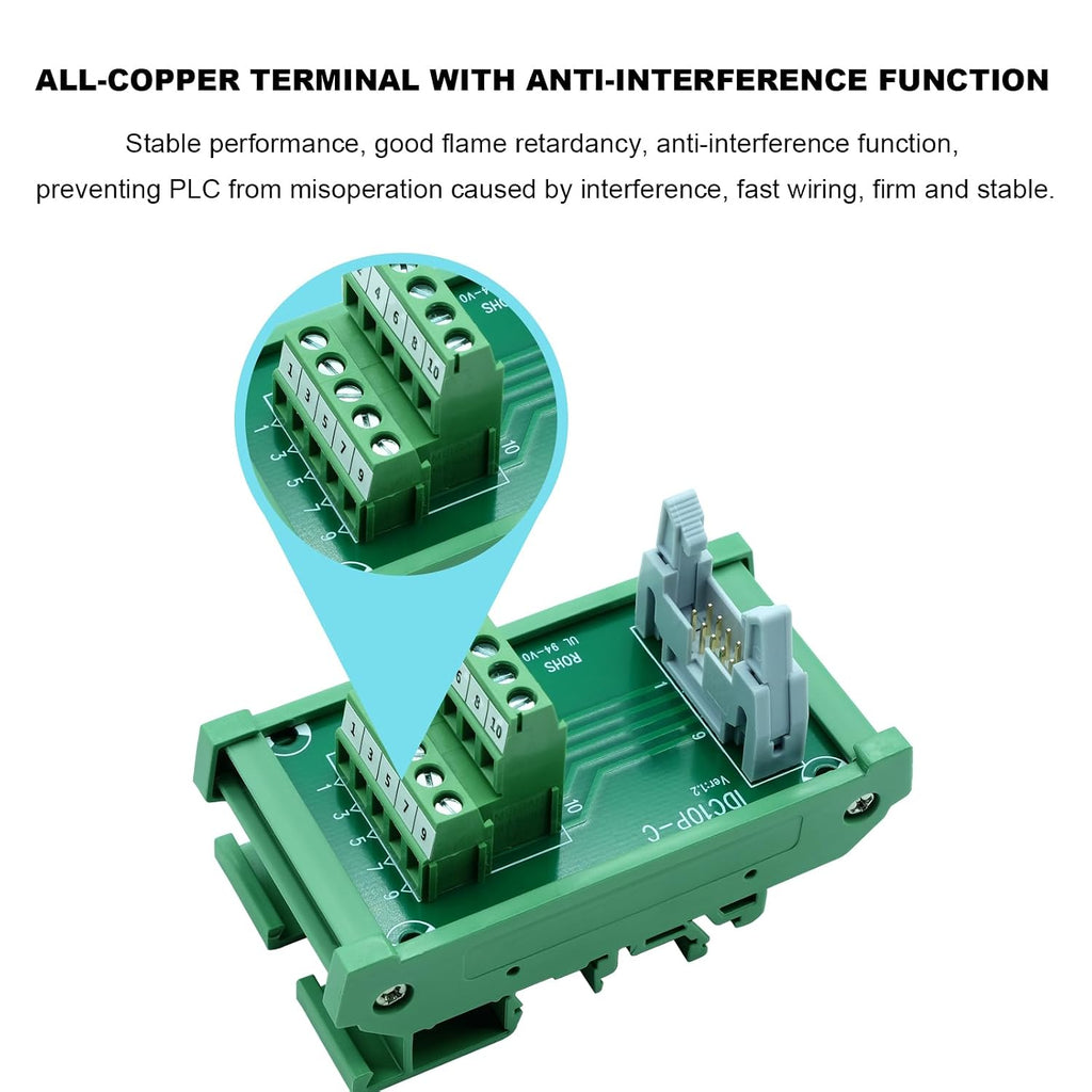 IDC10 2x5 10Pins 0.1" FRC Connector Interface Module DIN Rail Mount Male Header Terminal Block Breakout Board for PLC MCU Flat Ribbon Cable (IDC10 2x5Pin)
