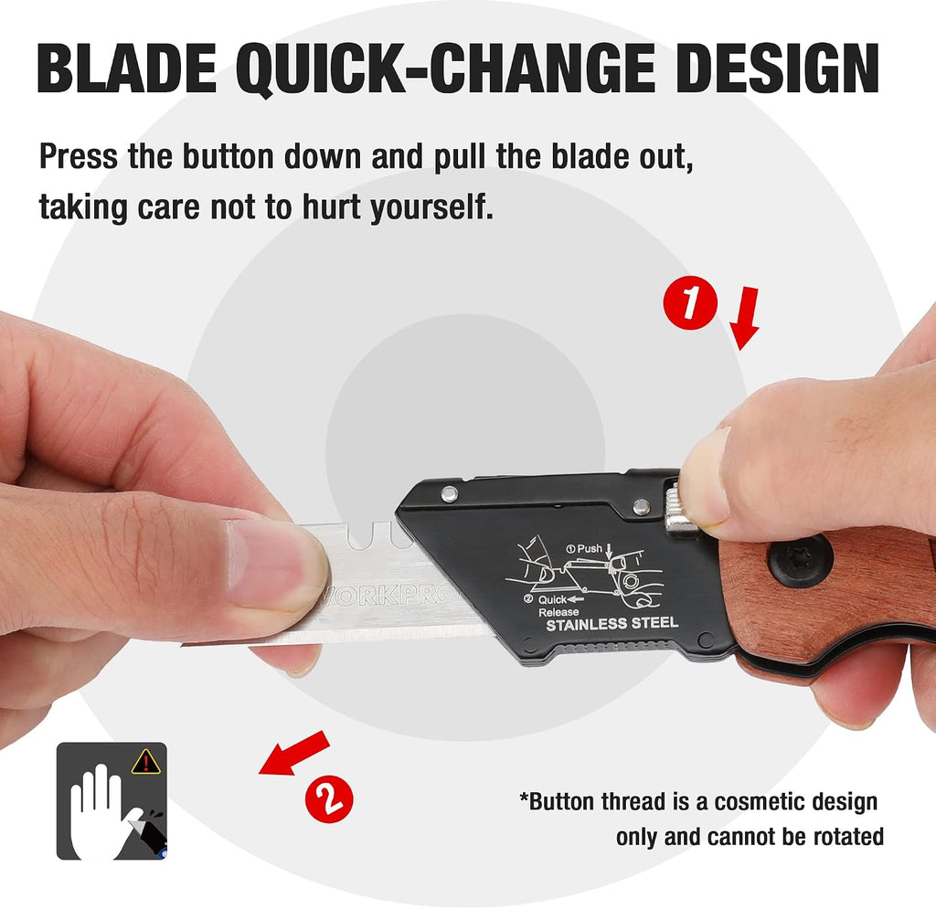 Folding Utility Knife with Stainless Steel Head, Quick-change Blade & Back Lock, Wood Handle Heavy Duty Box Cutter