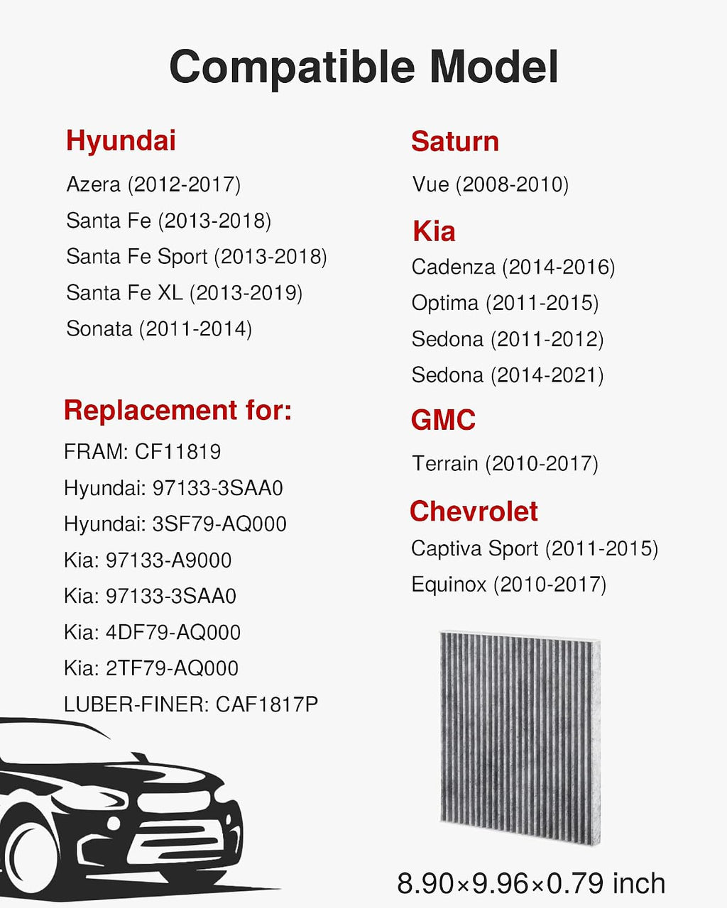 Cabin Air Filter with Activated Carbon, Replacement for CF11819, Hyundai Azera, Santa Fe, Sonata, Chevrolet Captiva
