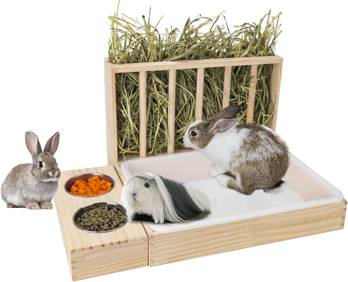 3 in 1 Rabbit Hay Feeder with Litter Box,Wooden Hay Feeder with 2 Bowls & Litter Box for Guinea Pig Chinchilla Bunny