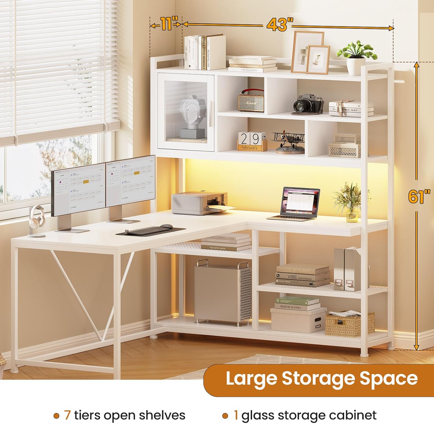 L Shaped Computer Desk, 58'' Office Desk with LED Light and Bookshelf, L Shaped Corner Desk with Storage Shelves for
