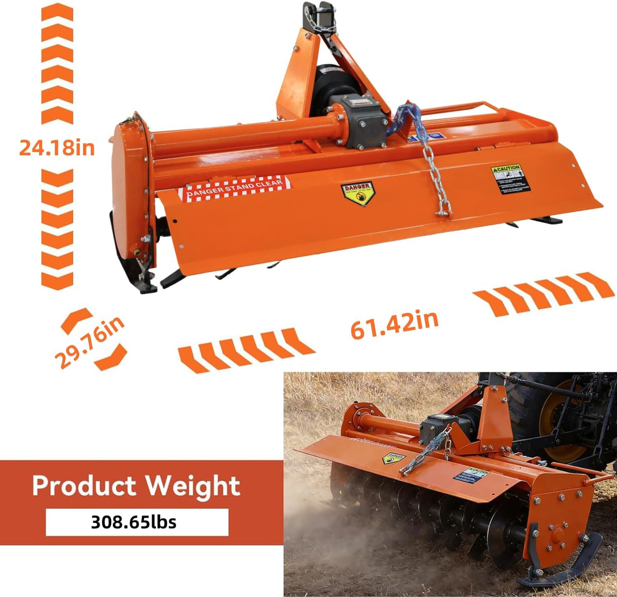 53'' 3 Point Rotary Tiller Attachment, 540 RPM Gearbox, Replaceable L-Shaped Tines, 3/4/5" Adjustable Tilling Deep