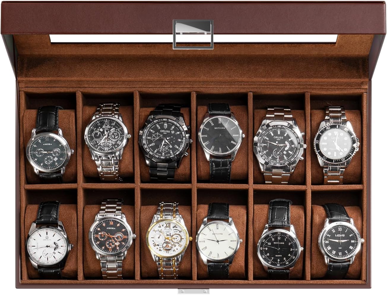 Watch Box Organizer, 12 Slot Watch Display Case, Brown | Watches Storage Boxes Holder for Men Women, Large Glass Lid