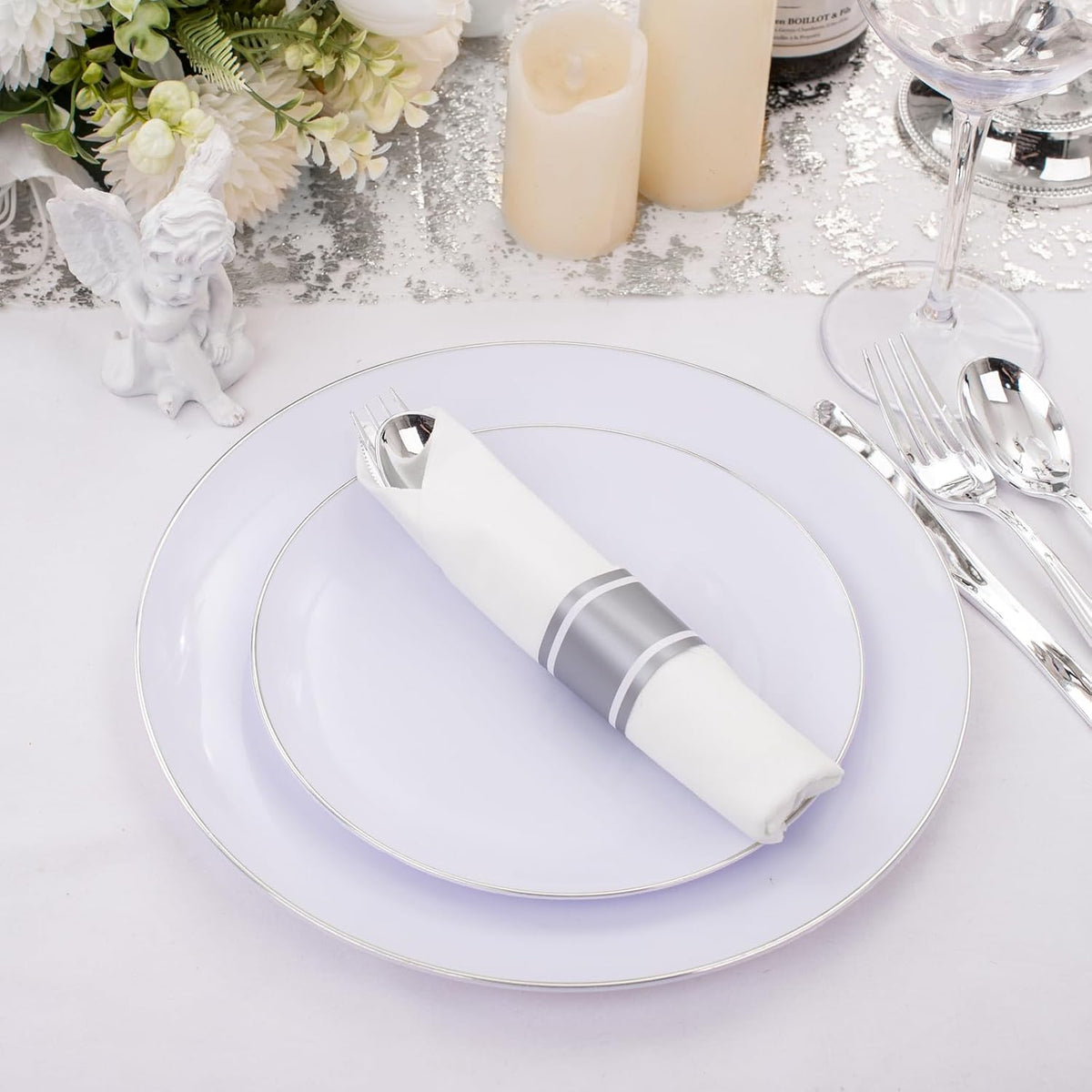 120 Pack Silver Plastic Silverware Wrapped Cutlery Set with Napkin