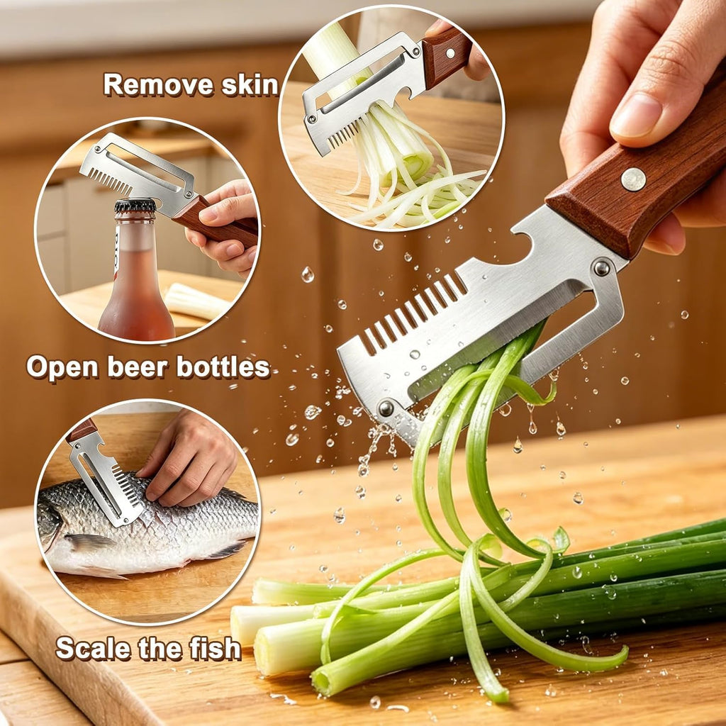 3-in-1 Vegetable Peeler with Wooden Handle – Stainless Steel Swivel Peeler, Julienne Shredder & Bottle Opener – Heavy