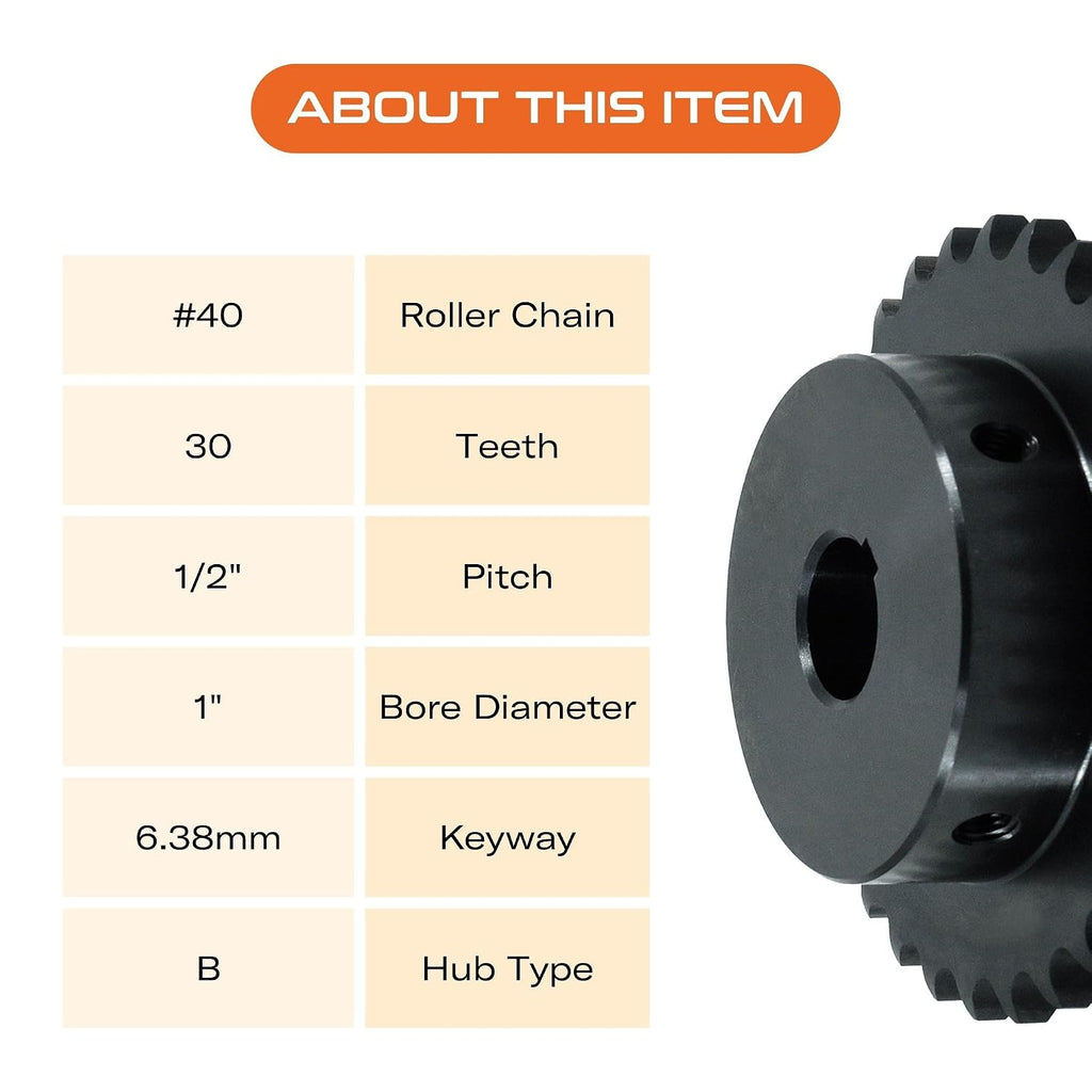 CHR #40 Roller Chain Sprocket, 30 Tooth, 1/2" (12.7mm) Pitch, 1" (25.4mm) Bore, 1/4" (6.38mm) Keyway, Carbon Steel, B-Type Hub, 5.04" (128mm) OD - ISO 9001-2000 Certified
